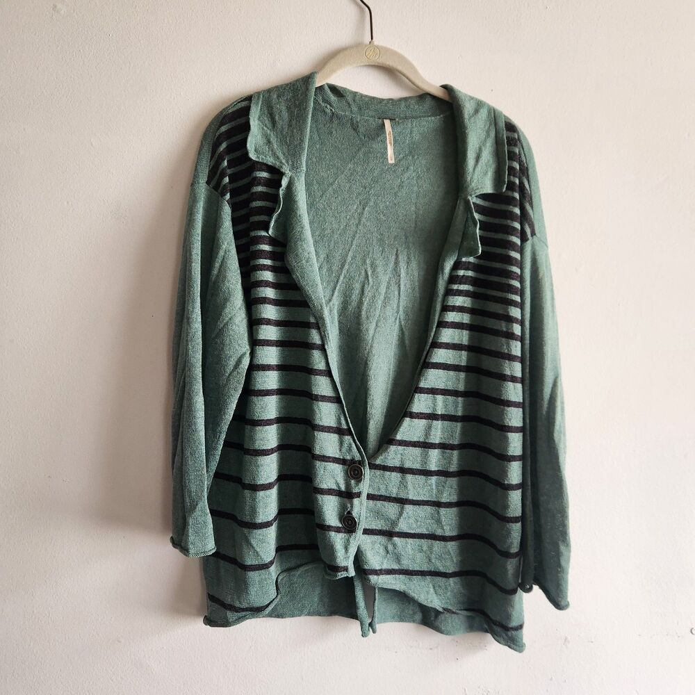 Free People Linen Blend Green Black striped two button cardigan sweater Size L